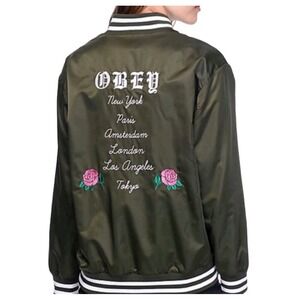 Obey Worldwide Olive Green Bomber‎ Jacket Embroidered Cities Roses Womens Small